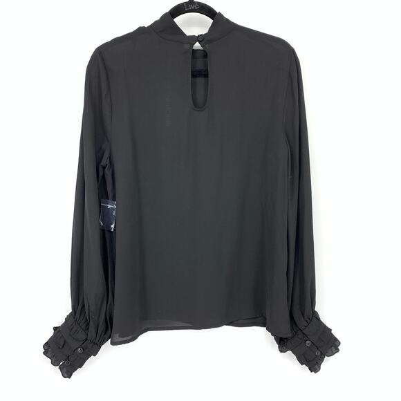 ModCloth Black Mock Neck Tiered Ruffle Cuff Semi Sheer Blouse Top Womens M NEW - Picture 2 of 7
